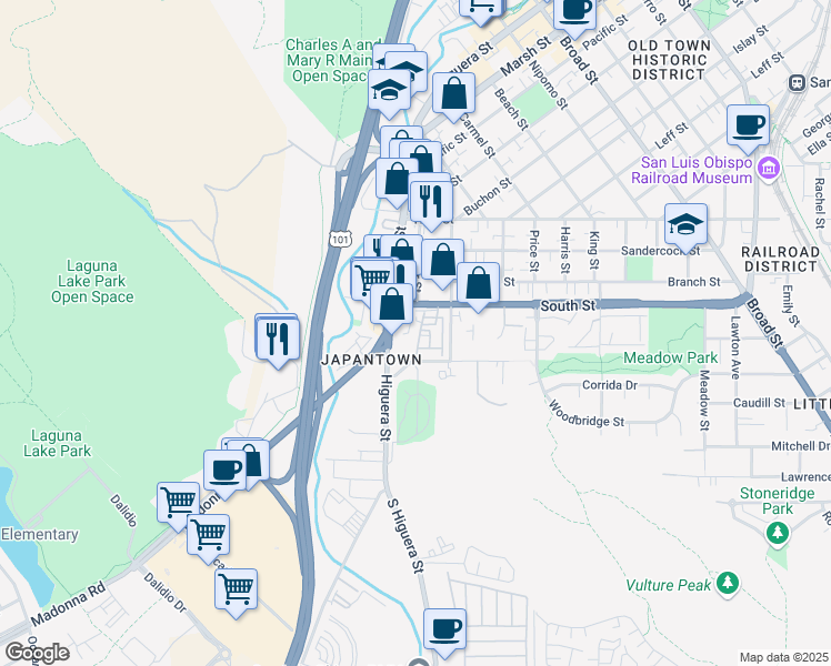 map of restaurants, bars, coffee shops, grocery stores, and more near in San Luis Obispo