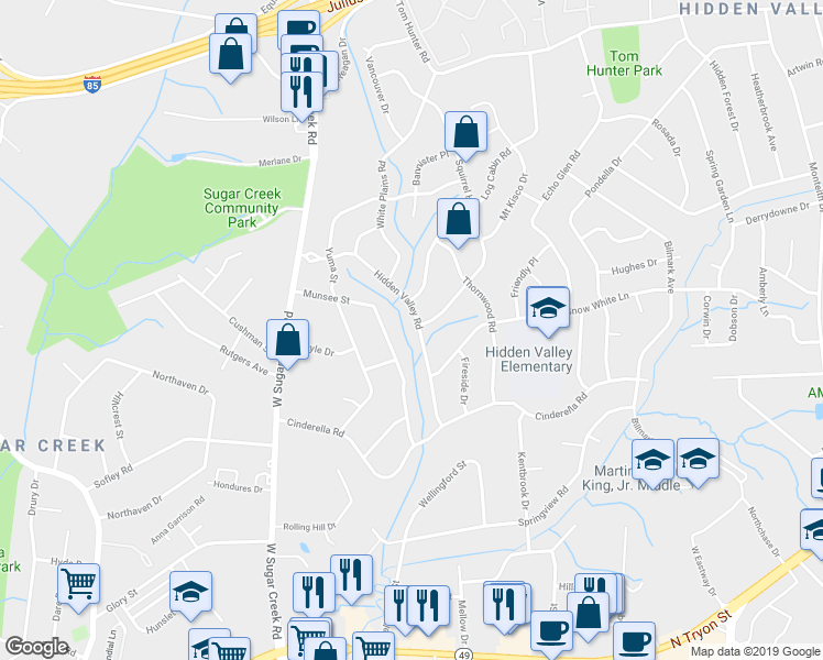 map of restaurants, bars, coffee shops, grocery stores, and more near 4543 Munsee Street in Charlotte