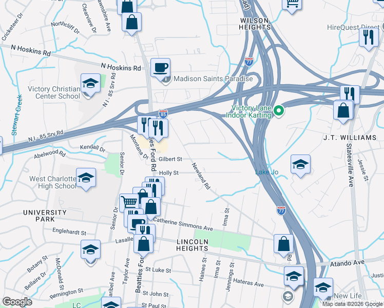 map of restaurants, bars, coffee shops, grocery stores, and more near 2111 Gilbert Street in Charlotte