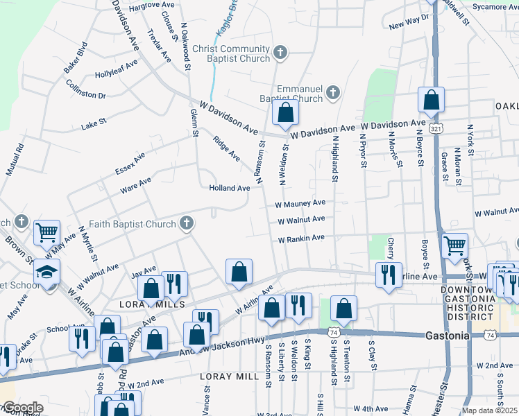 map of restaurants, bars, coffee shops, grocery stores, and more near 936 West Walnut Avenue in Gastonia