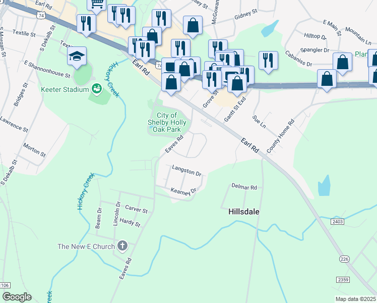 map of restaurants, bars, coffee shops, grocery stores, and more near 900-906 Foxcroft Circle in Shelby