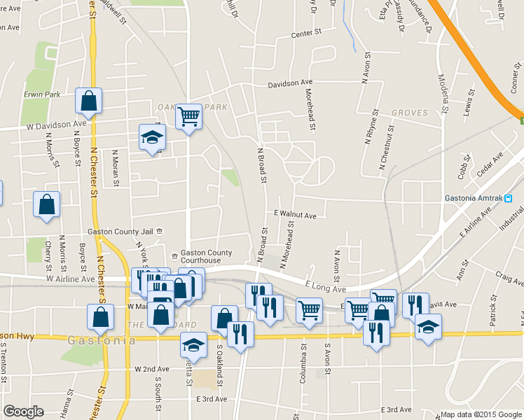 map of restaurants, bars, coffee shops, grocery stores, and more near 501 North Broad Street in Gastonia