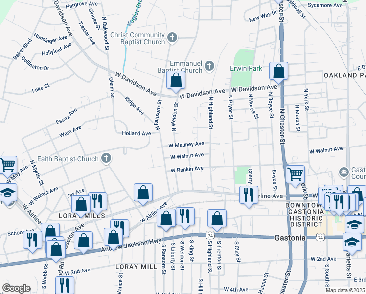 map of restaurants, bars, coffee shops, grocery stores, and more near 903 West Mauney Avenue in Gastonia