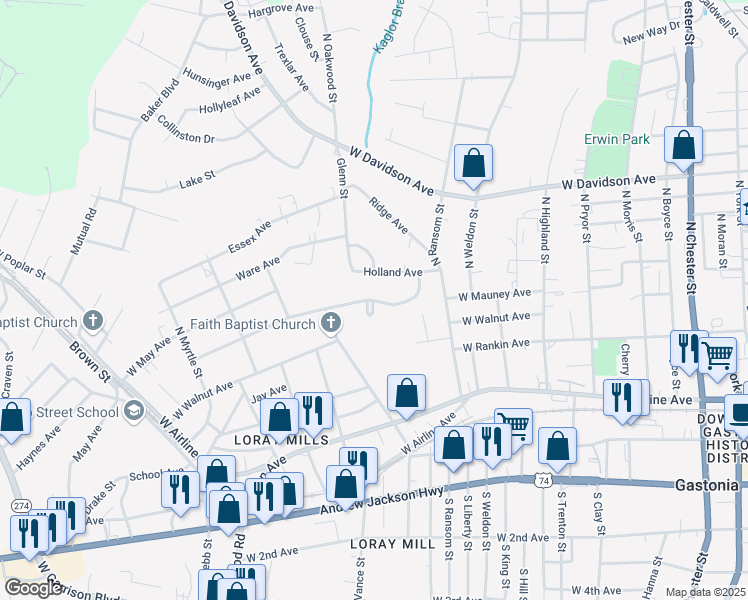 map of restaurants, bars, coffee shops, grocery stores, and more near 1050 West Mauney Avenue in Gastonia