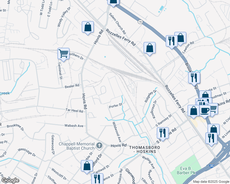 map of restaurants, bars, coffee shops, grocery stores, and more near 4912 Winchester Street in Charlotte