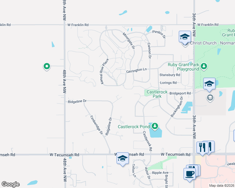 map of restaurants, bars, coffee shops, grocery stores, and more near 4211 Ridgeline Circle in Norman