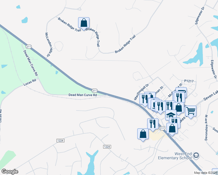 map of restaurants, bars, coffee shops, grocery stores, and more near North Carolina 211 in Seven Lakes