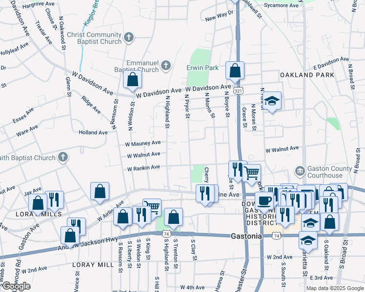 map of restaurants, bars, coffee shops, grocery stores, and more near 711 West Granite Avenue in Gastonia