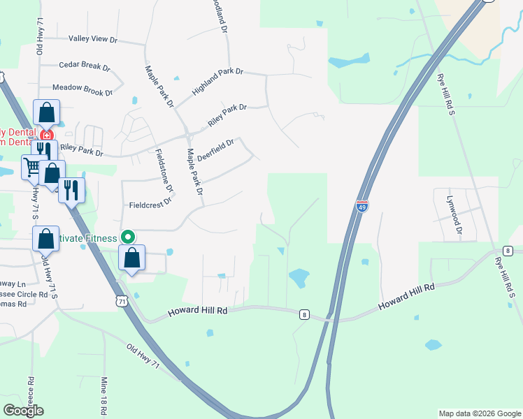 map of restaurants, bars, coffee shops, grocery stores, and more near 12300 Burton Lane in Fort Smith