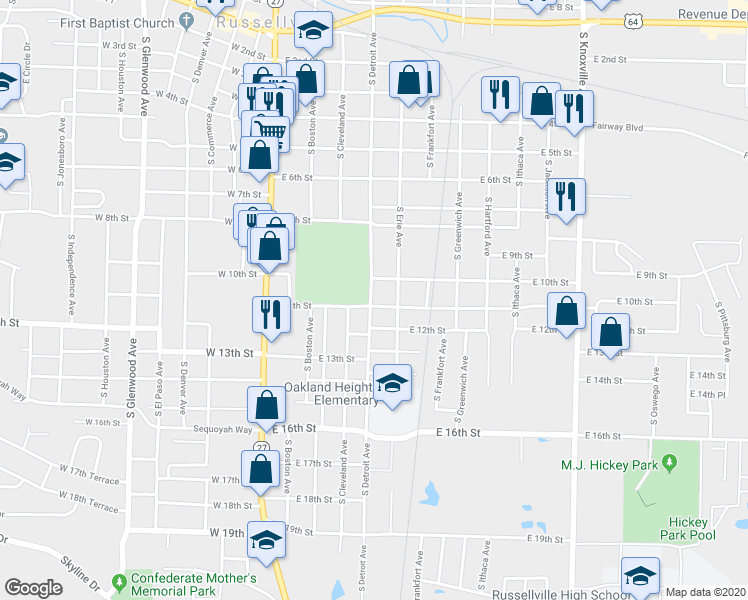 map of restaurants, bars, coffee shops, grocery stores, and more near 401 East 11th Street in Russellville