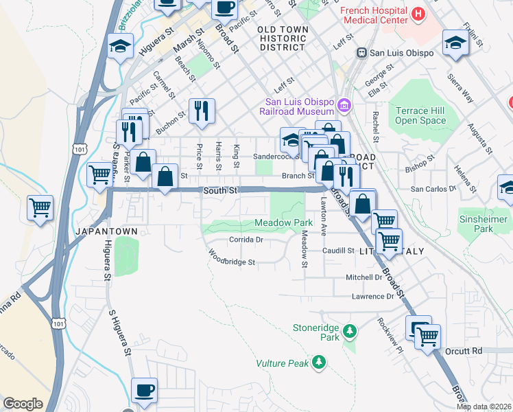 map of restaurants, bars, coffee shops, grocery stores, and more near in San Luis Obispo