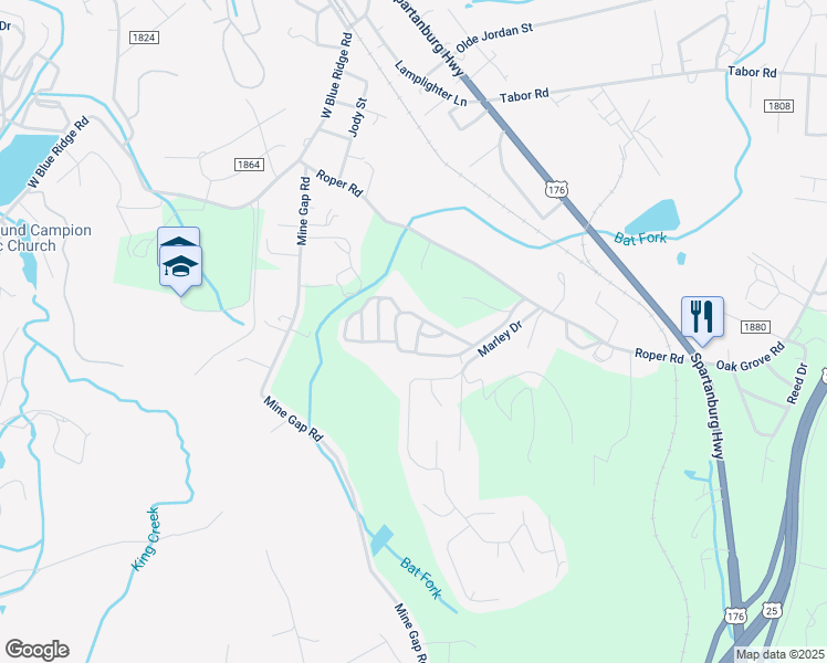 map of restaurants, bars, coffee shops, grocery stores, and more near 32 Spring Haven Drive in Flat Rock