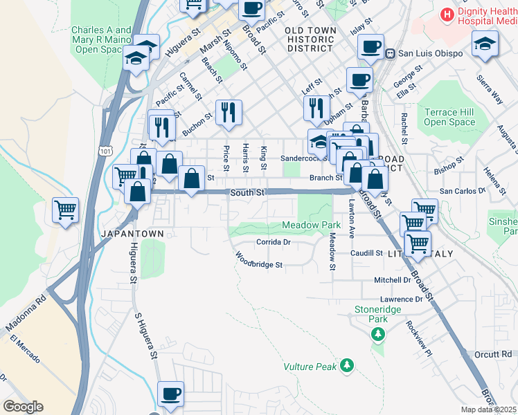 map of restaurants, bars, coffee shops, grocery stores, and more near 2221 King Court in San Luis Obispo