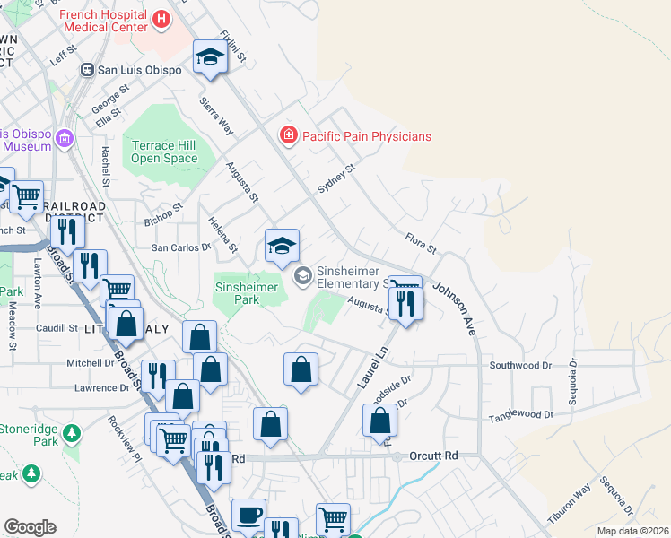map of restaurants, bars, coffee shops, grocery stores, and more near 2916 Augusta Street in San Luis Obispo