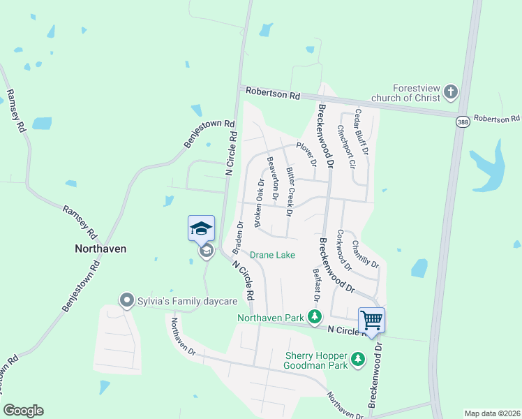 map of restaurants, bars, coffee shops, grocery stores, and more near 5203 Broken Oak Drive in Memphis