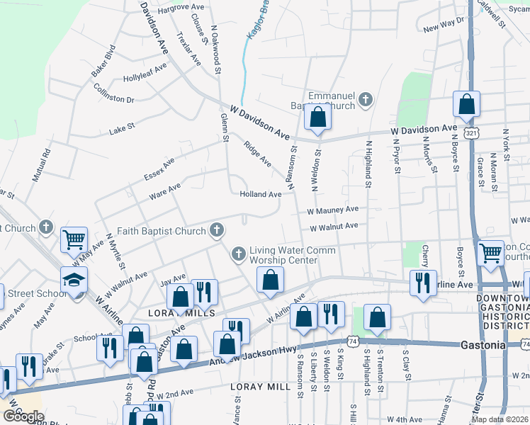 map of restaurants, bars, coffee shops, grocery stores, and more near 1029 Mauney Circle in Gastonia