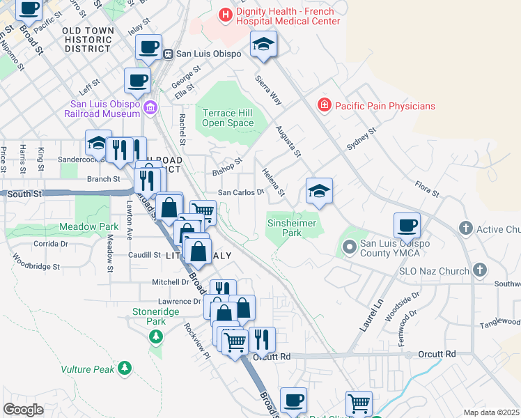 map of restaurants, bars, coffee shops, grocery stores, and more near 2450 Boulevard Del Campo in San Luis Obispo