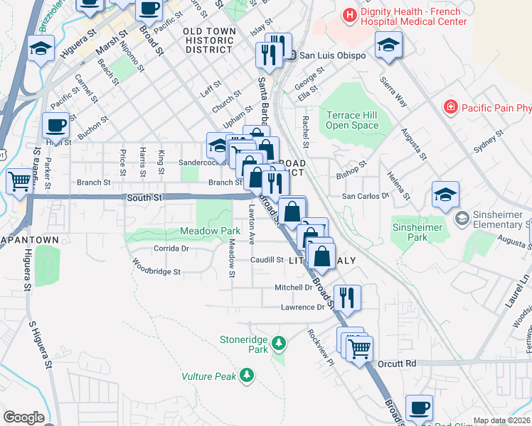 map of restaurants, bars, coffee shops, grocery stores, and more near 3940-2 Broad Street in San Luis Obispo