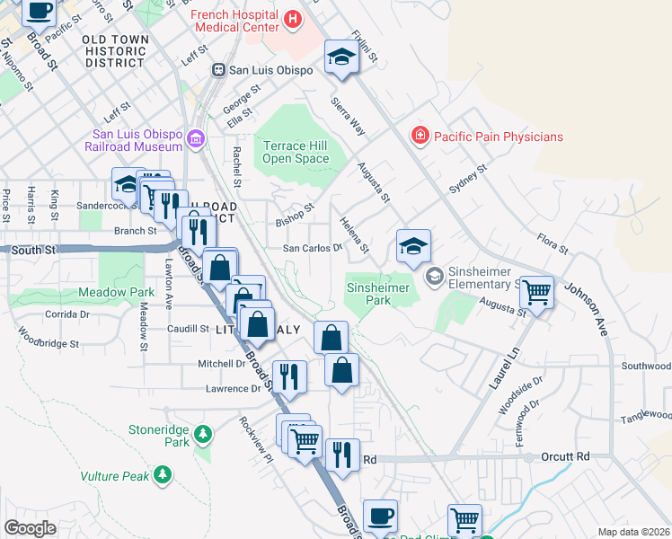 map of restaurants, bars, coffee shops, grocery stores, and more near 2450 Boulevard Del Campo in San Luis Obispo