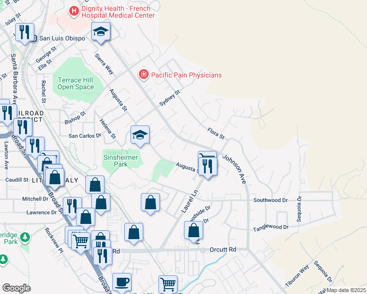 map of restaurants, bars, coffee shops, grocery stores, and more near 2853 Johnson Avenue in San Luis Obispo