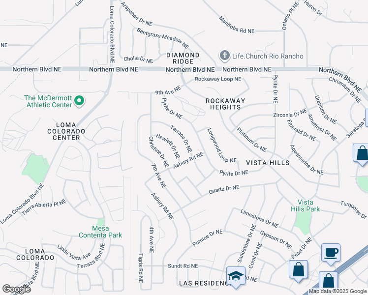map of restaurants, bars, coffee shops, grocery stores, and more near 537 Terrace Drive Northeast in Rio Rancho
