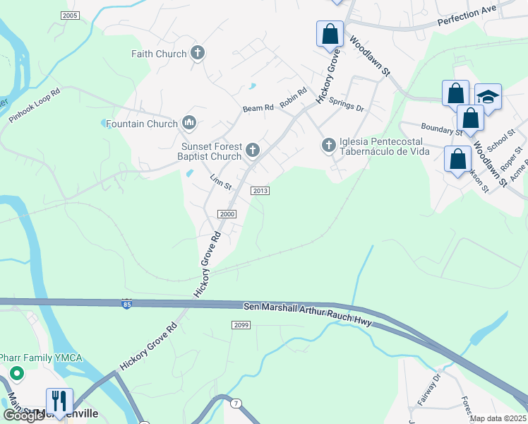 map of restaurants, bars, coffee shops, grocery stores, and more near Oak Street in Gastonia