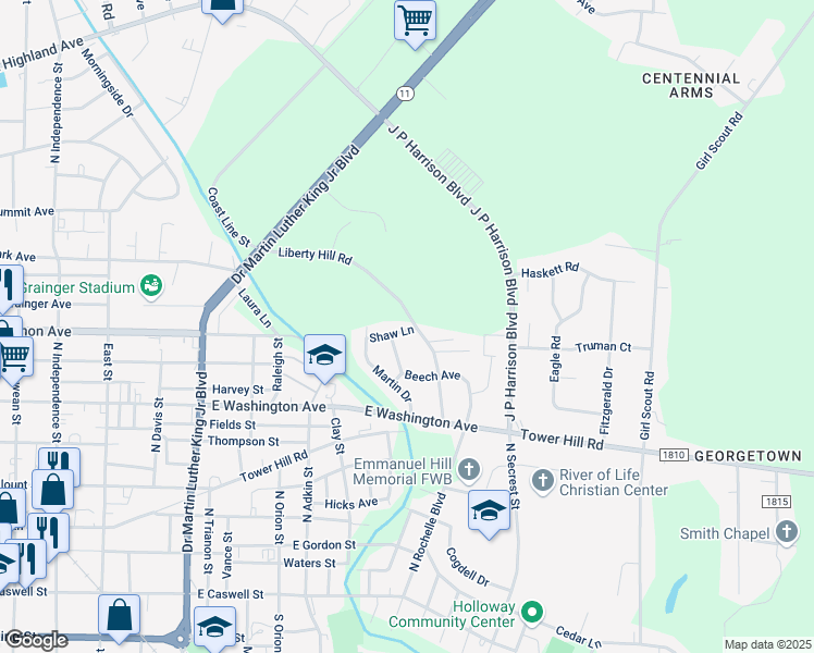 map of restaurants, bars, coffee shops, grocery stores, and more near 900 Liberty Hill Road in Kinston