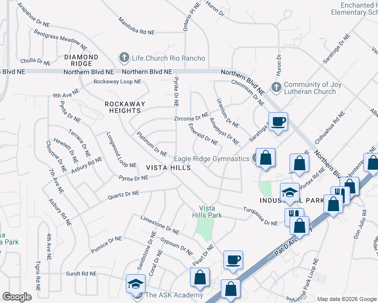 map of restaurants, bars, coffee shops, grocery stores, and more near 4615 Aquamarine Drive Northeast in Rio Rancho