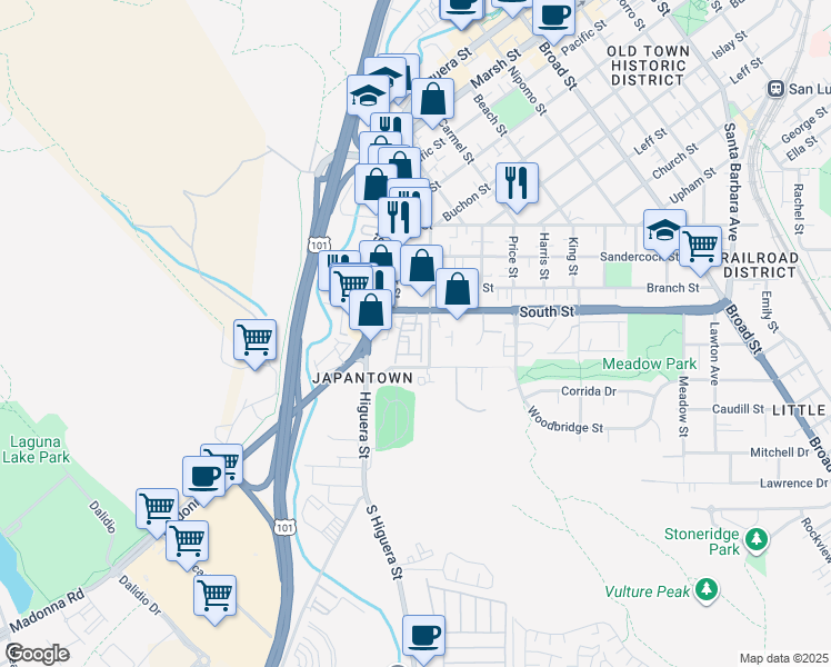 map of restaurants, bars, coffee shops, grocery stores, and more near 145 South Street in San Luis Obispo