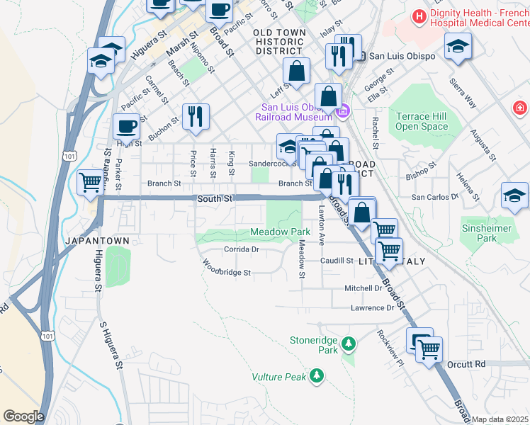map of restaurants, bars, coffee shops, grocery stores, and more near 536 South Street in San Luis Obispo