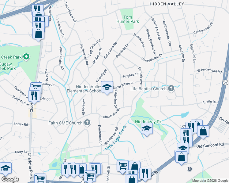 map of restaurants, bars, coffee shops, grocery stores, and more near 5137 Snow White Lane in Charlotte