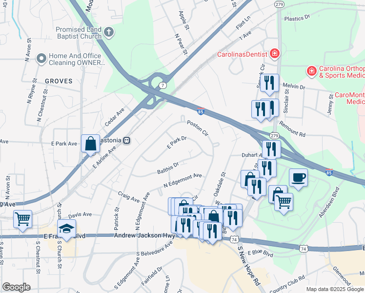 map of restaurants, bars, coffee shops, grocery stores, and more near 291 North Edgemont Avenue in Gastonia