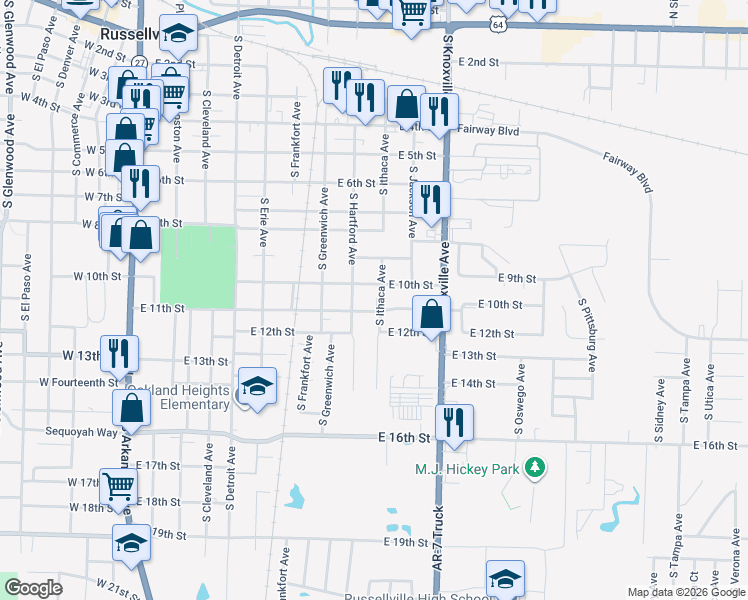 map of restaurants, bars, coffee shops, grocery stores, and more near 907 South Ithaca Avenue in Russellville