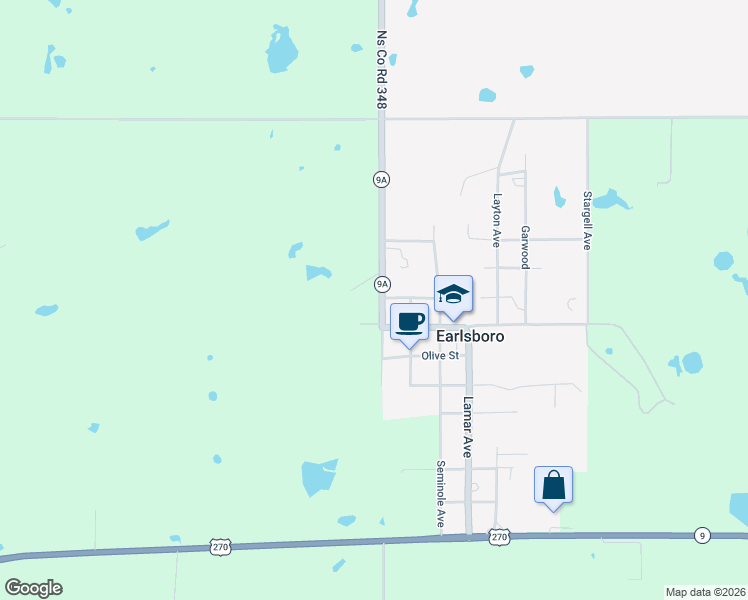 map of restaurants, bars, coffee shops, grocery stores, and more near Ns Co Road 348 in Earlsboro