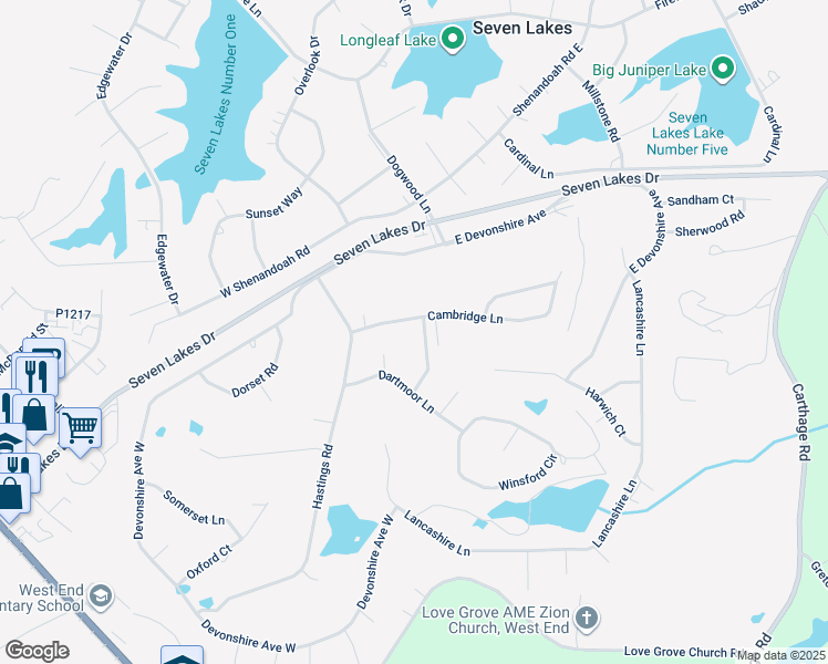 map of restaurants, bars, coffee shops, grocery stores, and more near 110 Cambridge Lane in Seven Lakes