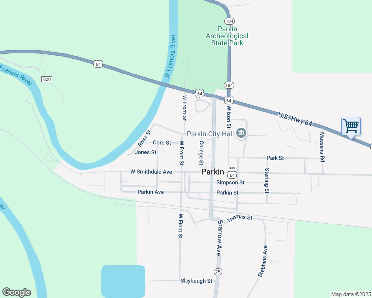 map of restaurants, bars, coffee shops, grocery stores, and more near 109 Coldren Street in Parkin