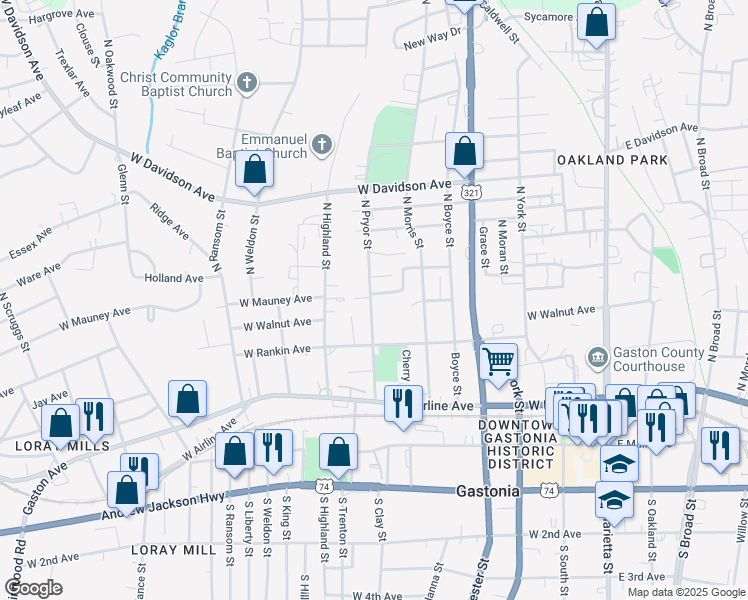 map of restaurants, bars, coffee shops, grocery stores, and more near 408 North Pryor Street in Gastonia