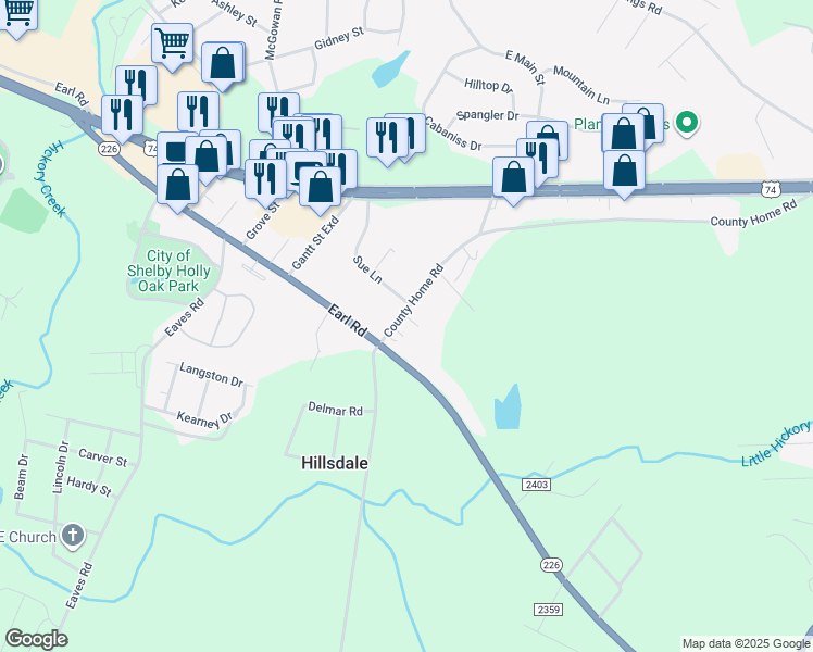 map of restaurants, bars, coffee shops, grocery stores, and more near 1155 County Home Road in Shelby