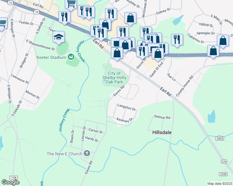 map of restaurants, bars, coffee shops, grocery stores, and more near 900 Foxcroft Circle in Shelby