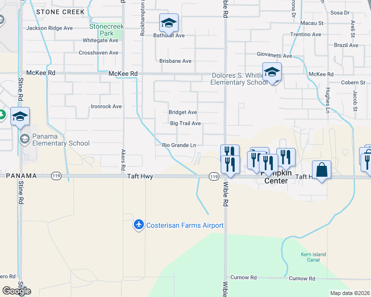map of restaurants, bars, coffee shops, grocery stores, and more near 3530 Rio Grande Lane in Bakersfield
