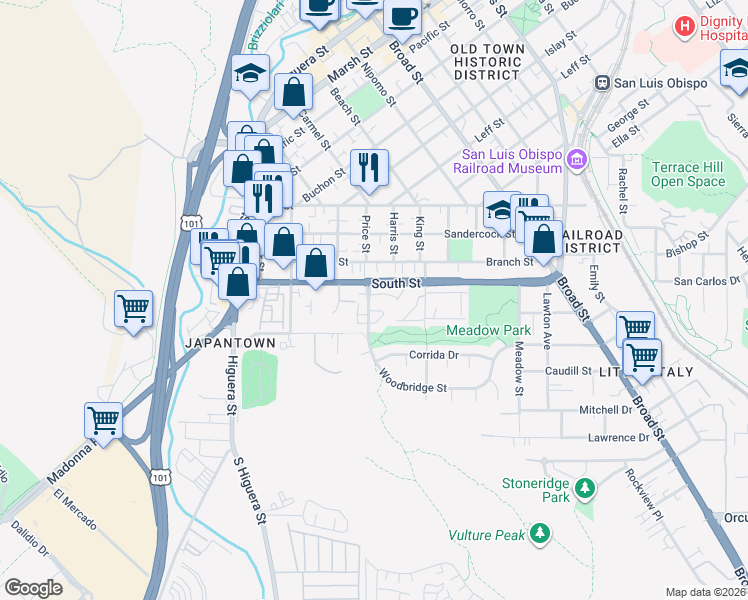 map of restaurants, bars, coffee shops, grocery stores, and more near 347 Branch Street in San Luis Obispo
