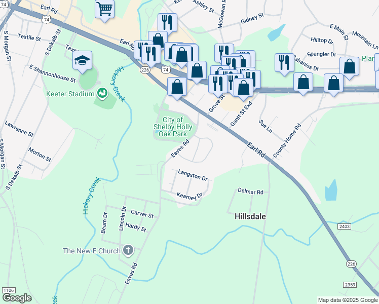 map of restaurants, bars, coffee shops, grocery stores, and more near 1503 Eaves Road in Shelby