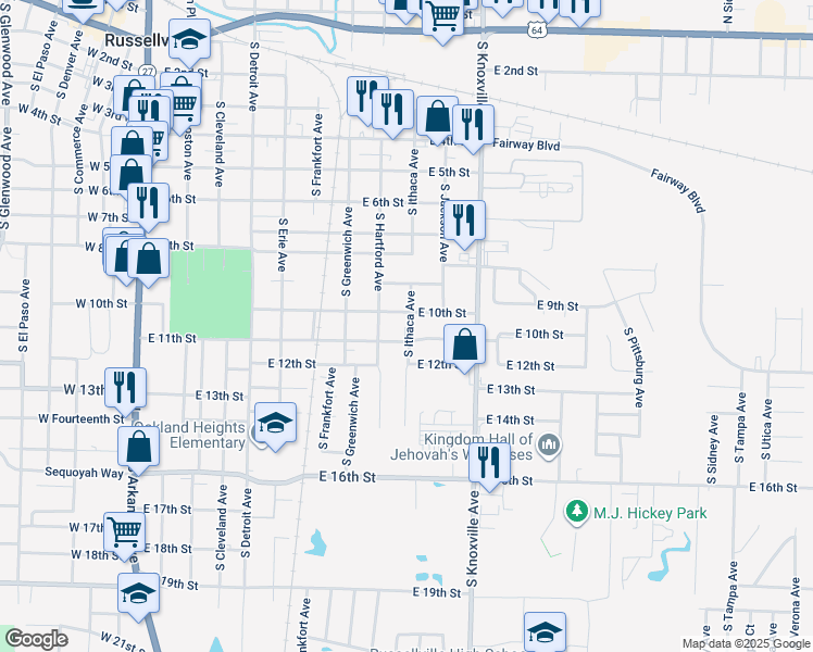 map of restaurants, bars, coffee shops, grocery stores, and more near 907 South Ithaca Avenue in Russellville