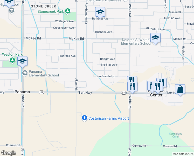 map of restaurants, bars, coffee shops, grocery stores, and more near 3707 Rio Grande Lane in Bakersfield