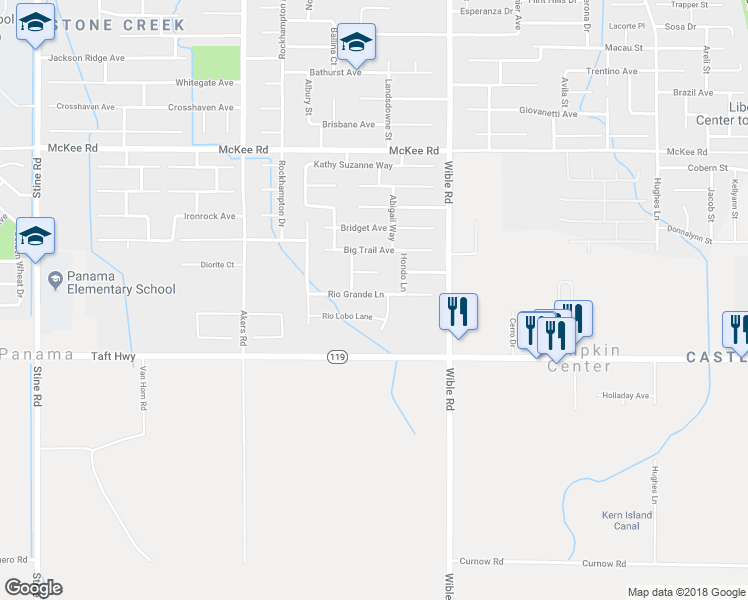 map of restaurants, bars, coffee shops, grocery stores, and more near 3515 Rio Grande Lane in Bakersfield