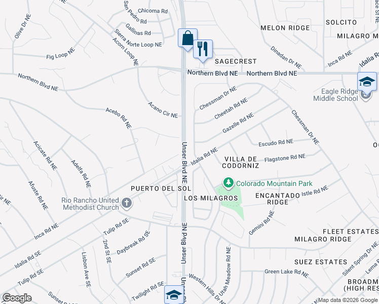 map of restaurants, bars, coffee shops, grocery stores, and more near 609 Colorado Mountain Road Northeast in Rio Rancho