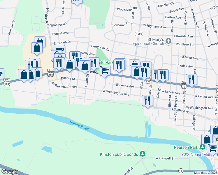 map of restaurants, bars, coffee shops, grocery stores, and more near 702 Hines Avenue in Kinston