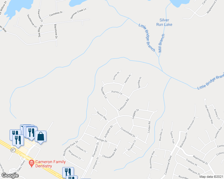 map of restaurants, bars, coffee shops, grocery stores, and more near 146 Purvis Lane in Cameron