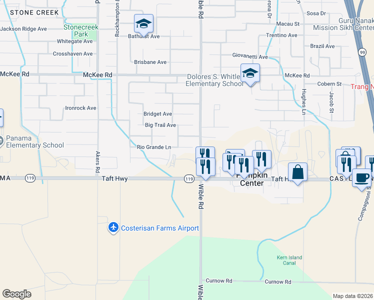 map of restaurants, bars, coffee shops, grocery stores, and more near 3313 Rawhide Road in Bakersfield