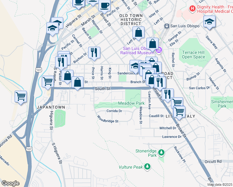 map of restaurants, bars, coffee shops, grocery stores, and more near 2250 King Court in San Luis Obispo